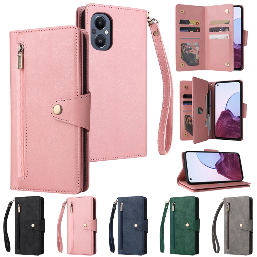 

Wallet Rivet Buckle Zipper Leather Case For Oppo Reno7 Lite Reno7 Z 5G F21 Pro 5G A96 (China) 5G A93 5G A74 5G A54 5G Flip Cover