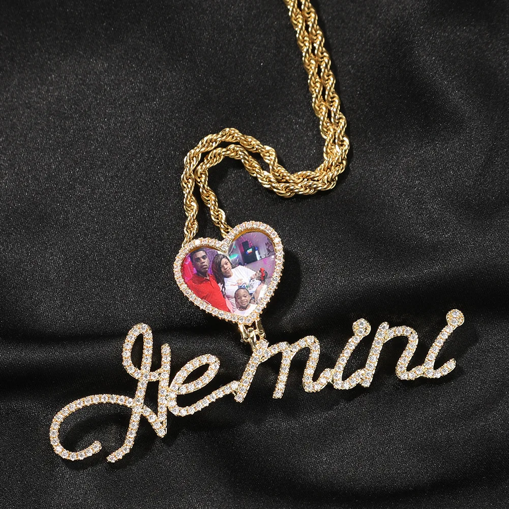Hip Hop Jewelry Custom Name Photo Pendant Heart Hook Necklaces Pictures Pendants Cubic AAA Cubic Zirconia Micro Paved Chain