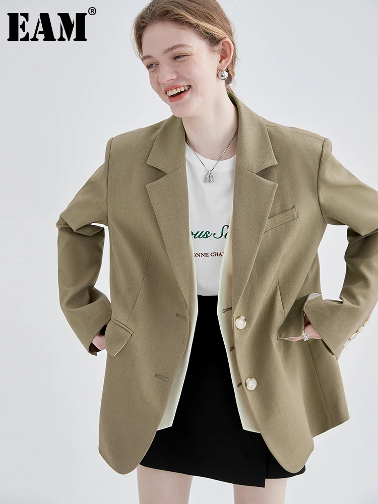 

[EAM] Women Brown Irregular Spliced Big Size Blazer New Lapel Long Sleeve Loose Fit Jacket Fashion Spring Autumn 2022 1DE6449