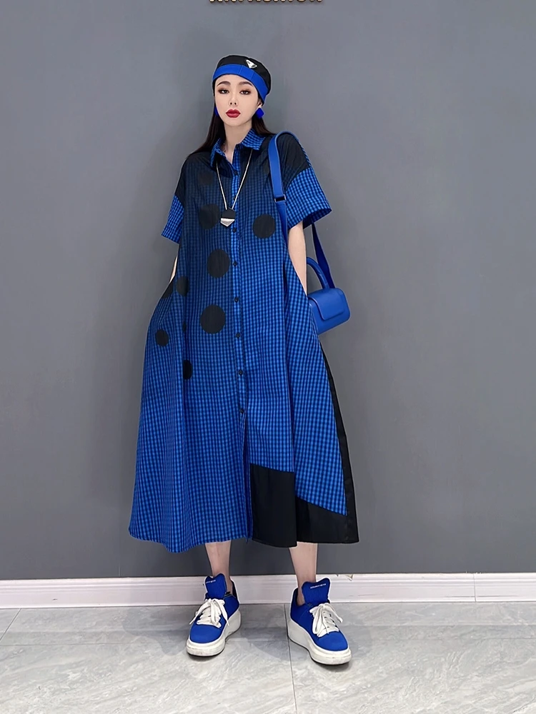 

SuperAen 2022 Spring New Fashion Casual Plaid Short Sleeve Cotton Hemp Dot Printing Shirt A-LINE Woman Dress