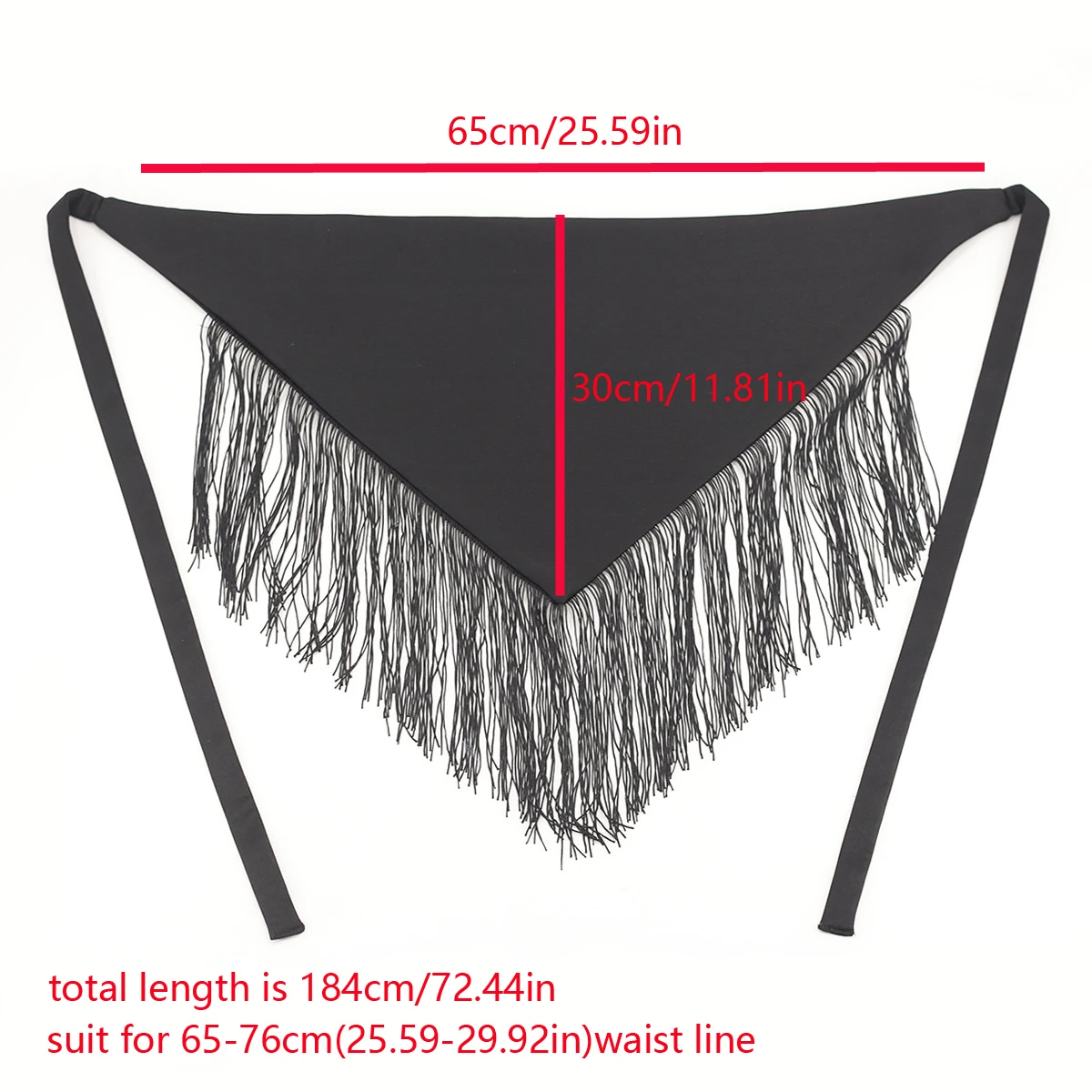 Черный однотонный тканевый пояс с кисточками для женщин нерегулярный длинный