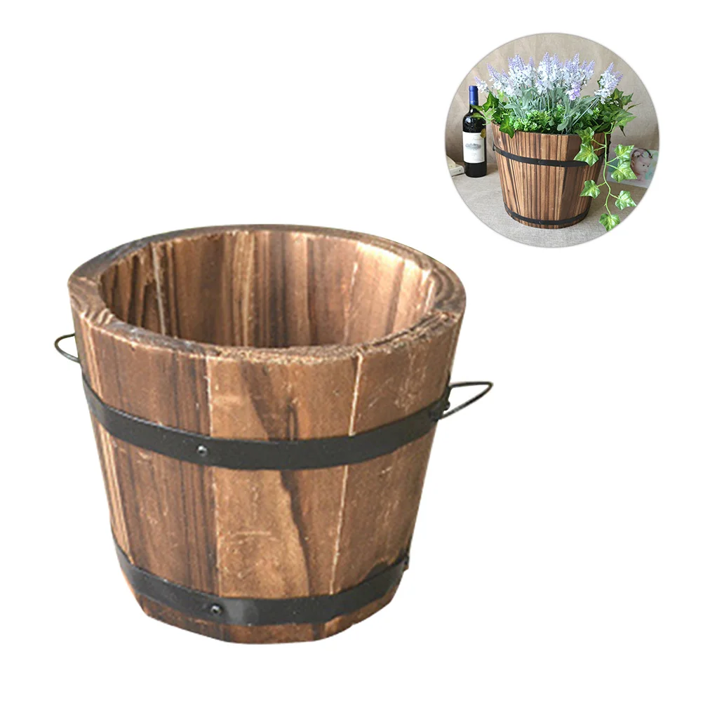 

Planter Wooden Flower Pot Planters Bucket Pots Outdoor Rustic Wood Succulent Whiskey Box Garden Round Large Container Decorative