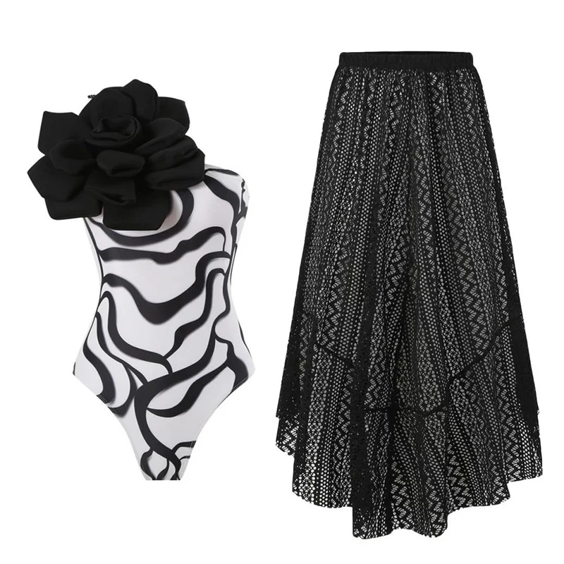 Слитный купальник с 3D цветами для женщин с саронгом