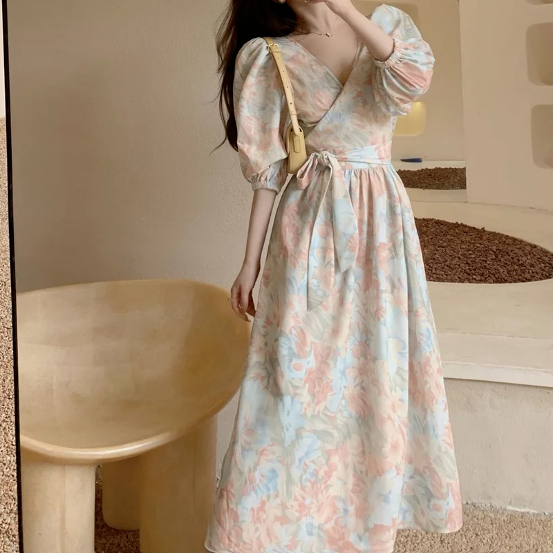 

Japanese Vintage Floral Dress Women V-Neck Sexy Designer Elegant Casual Holiday Midi Dress Summer Puff Sleeve Sweet Dress 2021