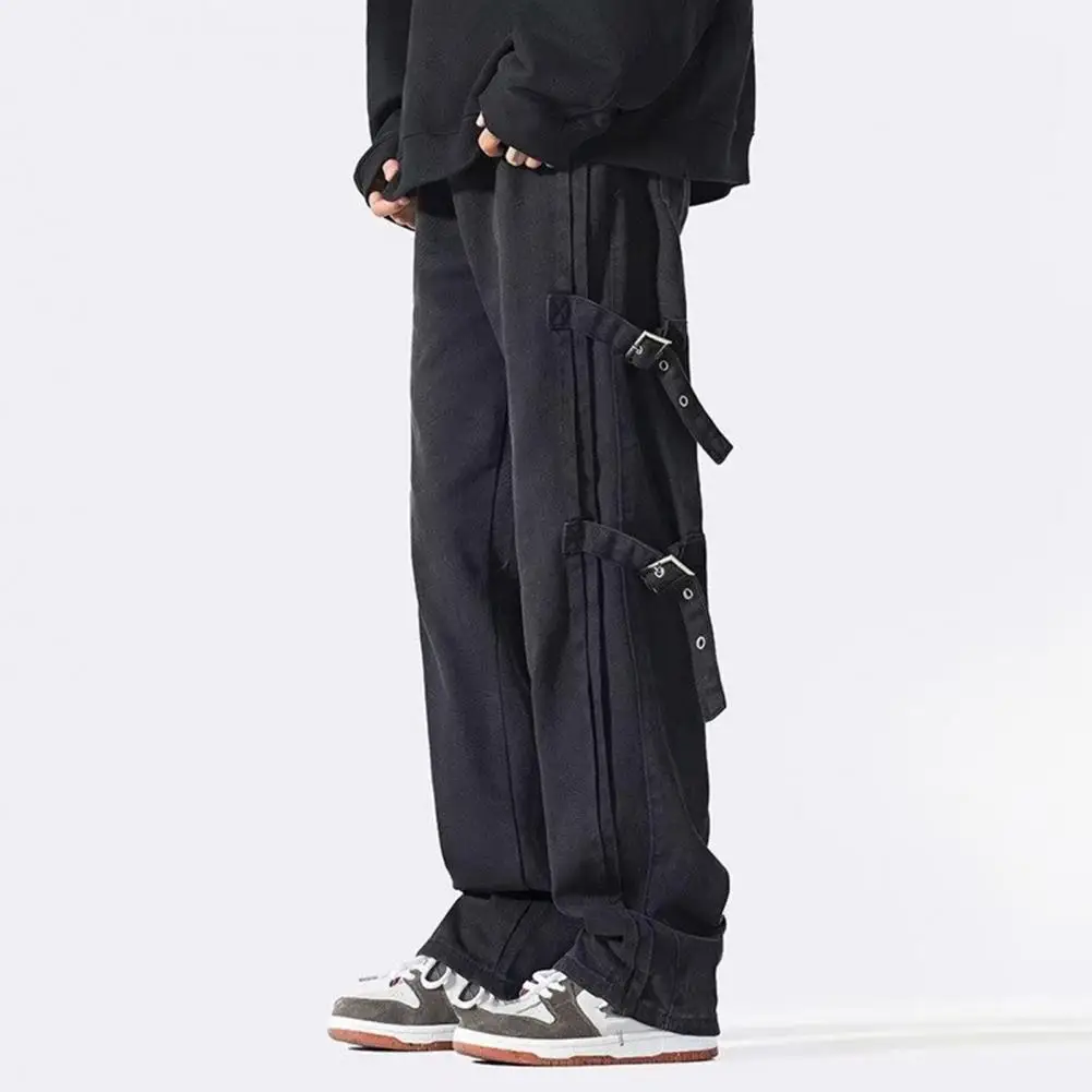 

Male Trousers Stylish Men's Mid-rise Cargo Pants with Side Buckle Design Straight Wide Leg Trousers for Long-lasting Casual