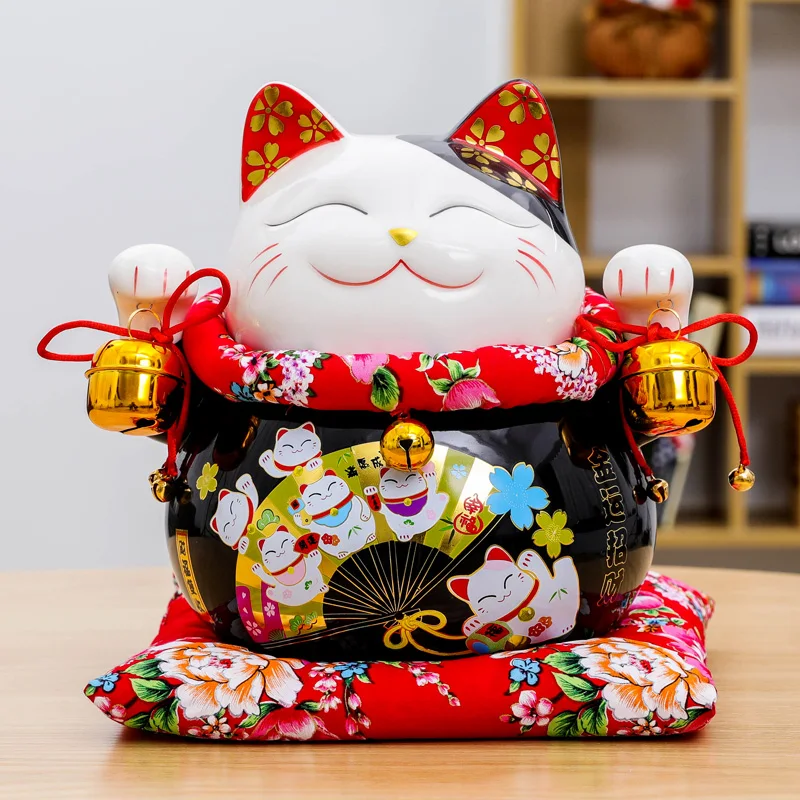

10 inch Japanese Ceramic Maneki Neko Lucky Cat Statue Porcelain Black Fortune Cat Money Box Fengshui Ornament House Decor