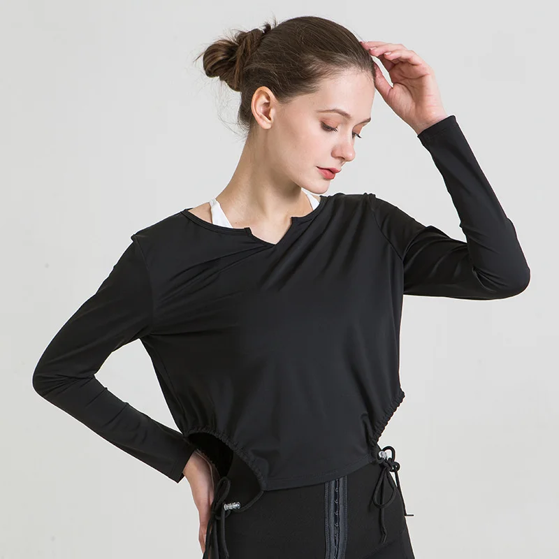 

Женский спортивный костюм с V-образным вырезом, свободная тонкая футболка с длинным рукавом, Быстросохнущий Топ для фитнеса