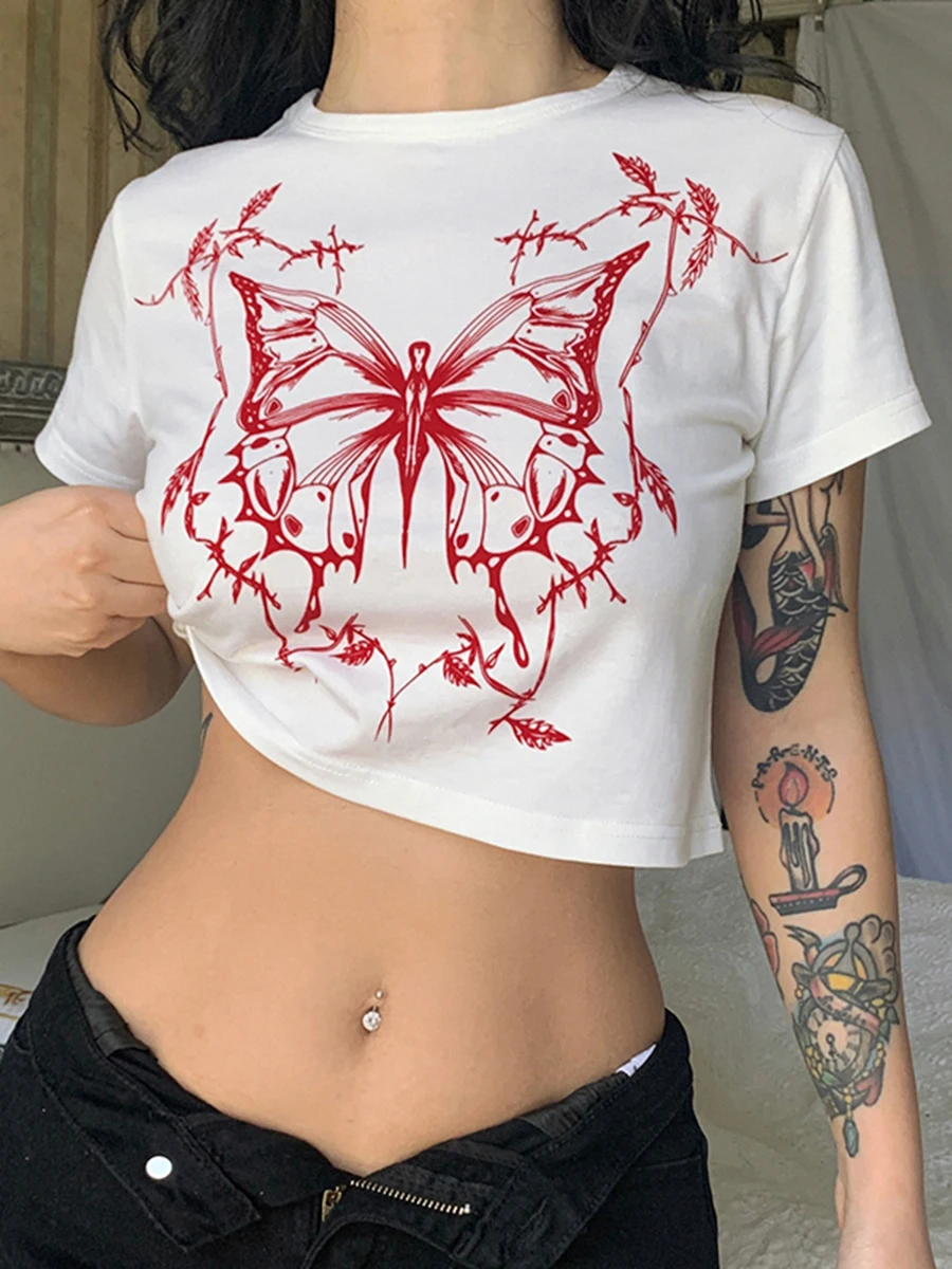 

Футболка женская с принтом бабочки, винтажный Повседневный кроп-топ в стиле 90-х, базовый облегающий топ с круглым вырезом, уличная одежда в с...