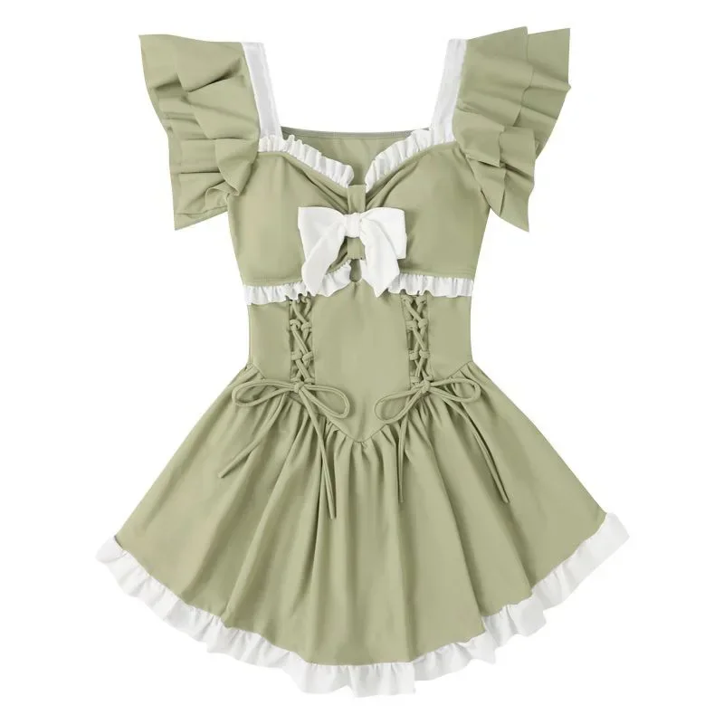 Ins Стиль сладкий милый зеленый купальник женский летний консервативный цельные