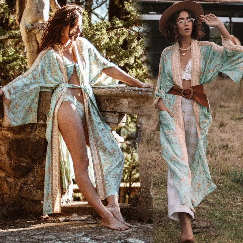 

2022 New Vintage Kimono Boho Floral Print Long Cardigan Summer Tops Belted Beachwear Vestido Blusas Mujer Women Bikini Cover