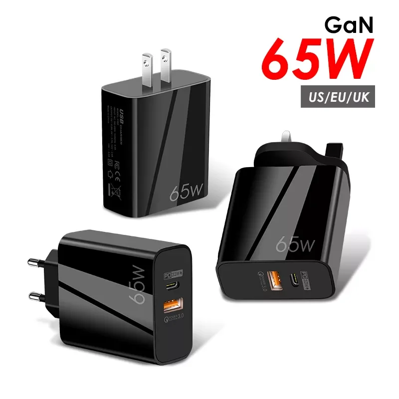 

USB C Charger 65 W GaN Tech 2 PD 3.0 Ports QC 3.0 USB A USB-C Wall Charger for MacBook Type-C Laptops iPad iPhone Galaxy Pixel