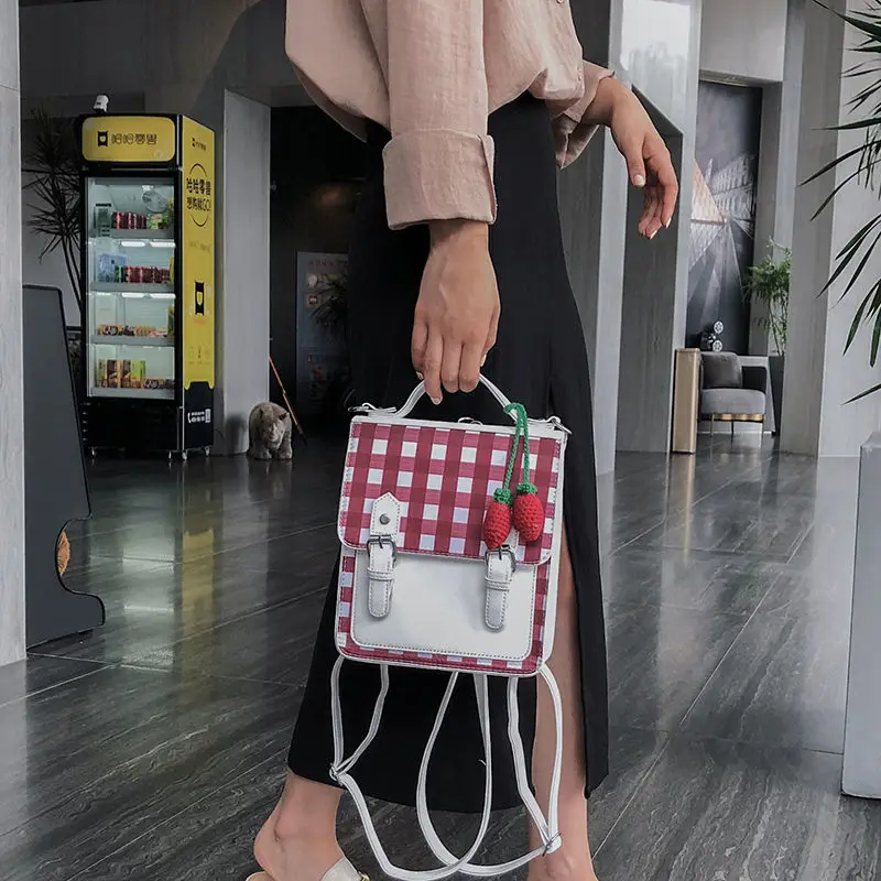 

MBTI Jk Strawberry Square Shoulder Bag for Girls Kawaii Pu Leather Plaid Phone Purse Casual College Style Female Trend Handbag