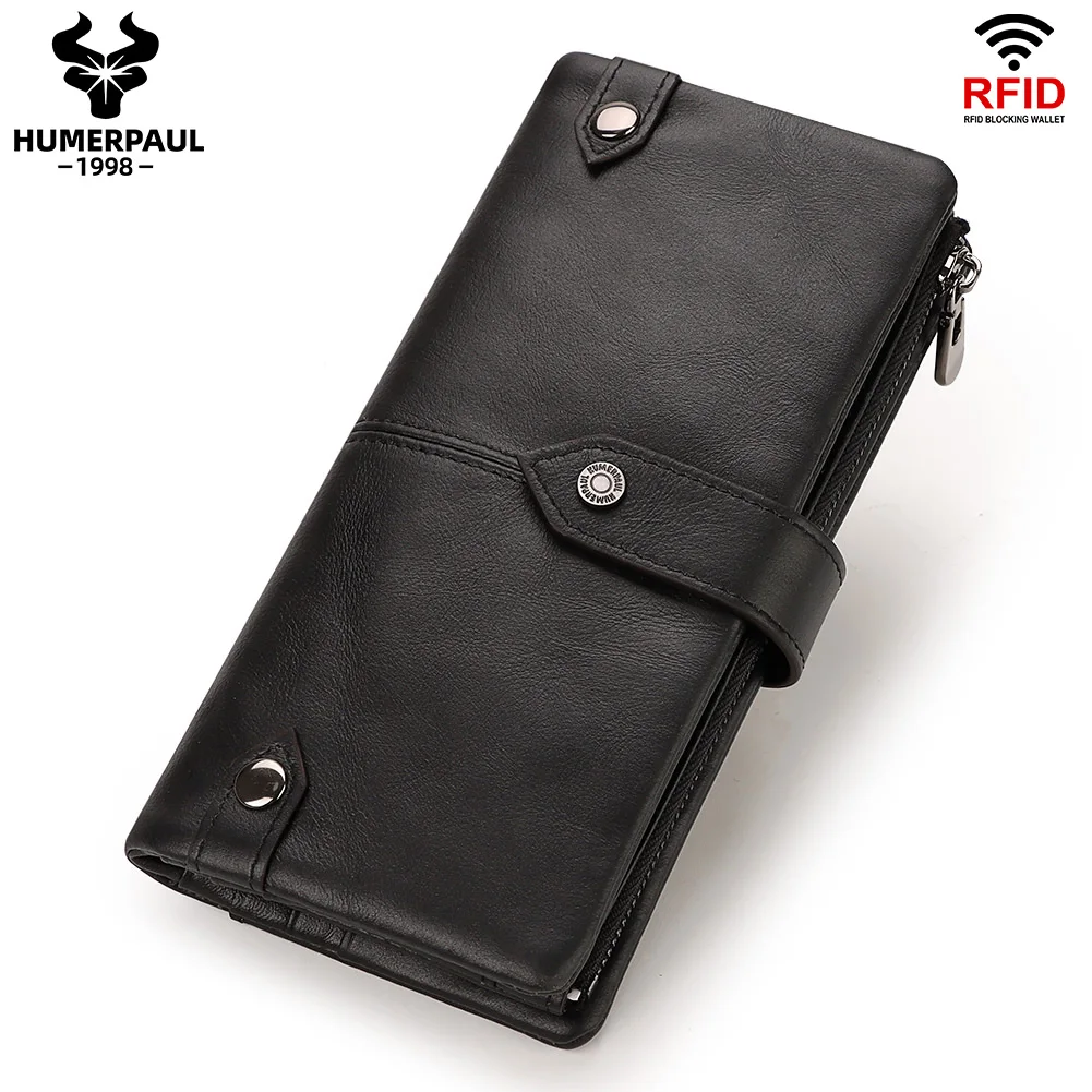 Genuine Leather Men Wallet Big Capacity Purse For Women Fashion Zipper Phone Pocket Detachable Card Holder With RFID Blocking