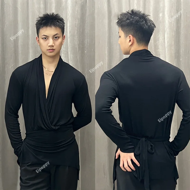 Топ Мужской для латиноамериканских танцев с длинным рукавом и V-образным вырезом