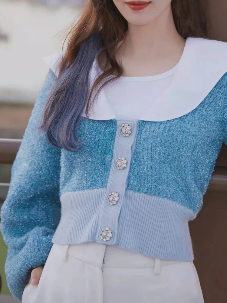 

Women Cardigan 2022 Spring New Blue Lapel Knitted Sweater