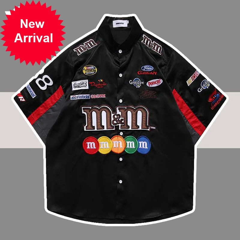 

Рубашка с вышивкой и надписью для мужчин и женщин, черная летняя уличная одежда в стиле хип-хоп, гоночные рубашки, свободная повседневная же...