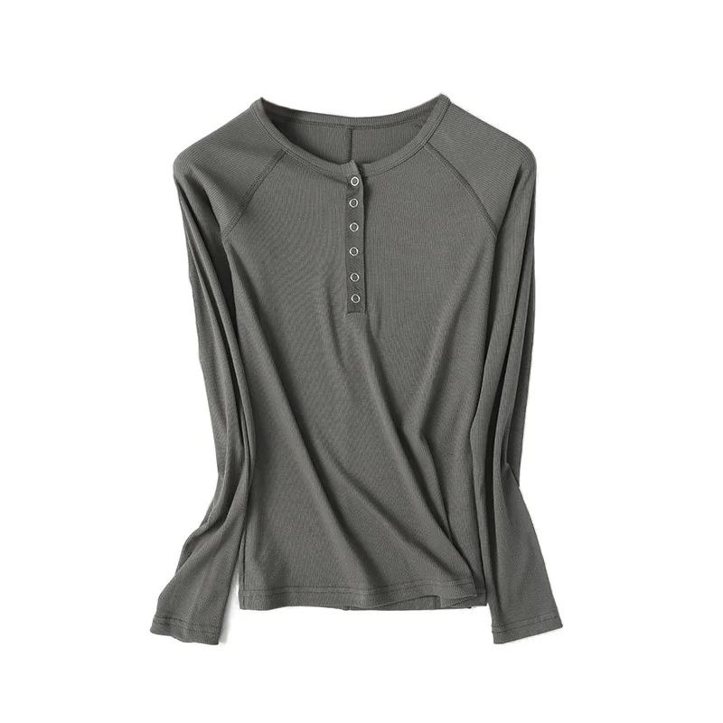 

Women's Raglan Sleeve Henley Tops Snap Button Ribbed Slim Fit Tees Essential T Shirts S,M,L