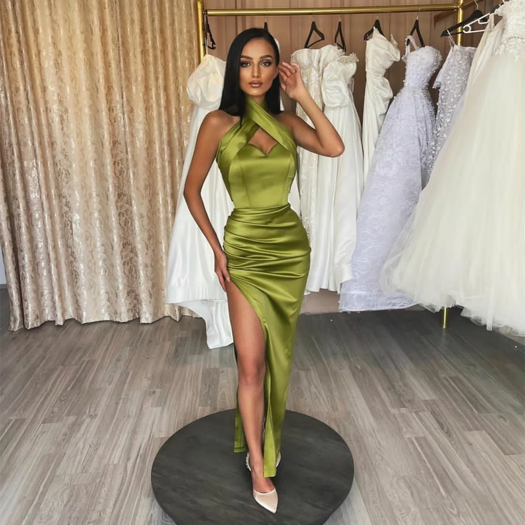 

Женское длинное атласное вечернее платье, простое зеленое платье-русалка без рукавов, с лямкой на шее и разрезом, платье для выпускного вече...