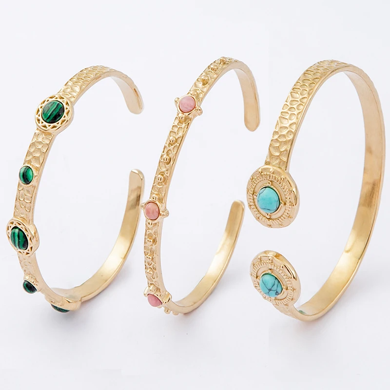 

Stainless Steel Nature Stones Adjustable Bracelet For Women Girls Vintage Turquoise Opening Bangles Fashion Jewelry Gifts