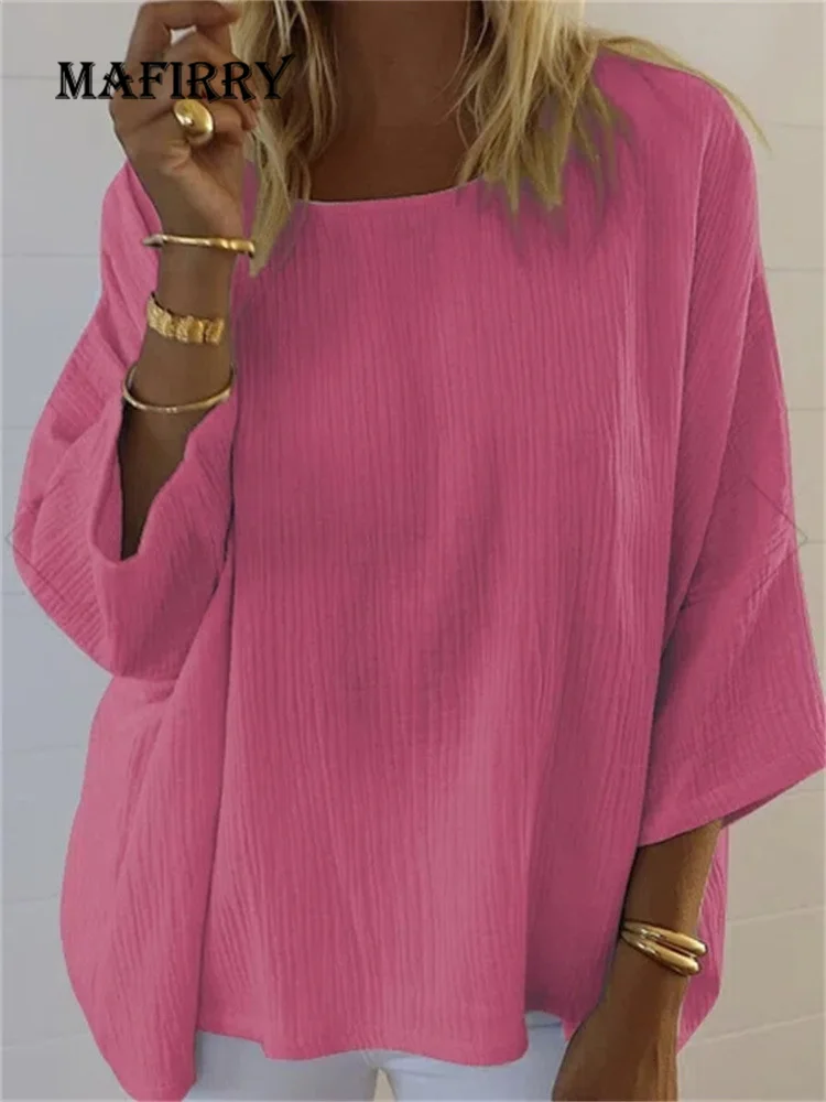 

2022 Women Solid Summer All Matched Shirts Pullover O-Neck Loose Three Quarter Sleeve Ladies Blouses Loungewear Streetwear Tops