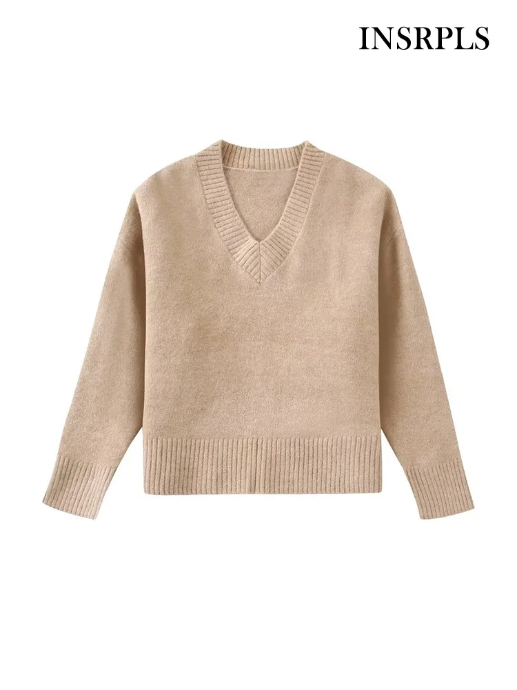 

INSRPLS Women Fashion Soft Touch Loose Knit Sweater Vintage V Neck Long Sleeve Female Pullovers Chic Tops