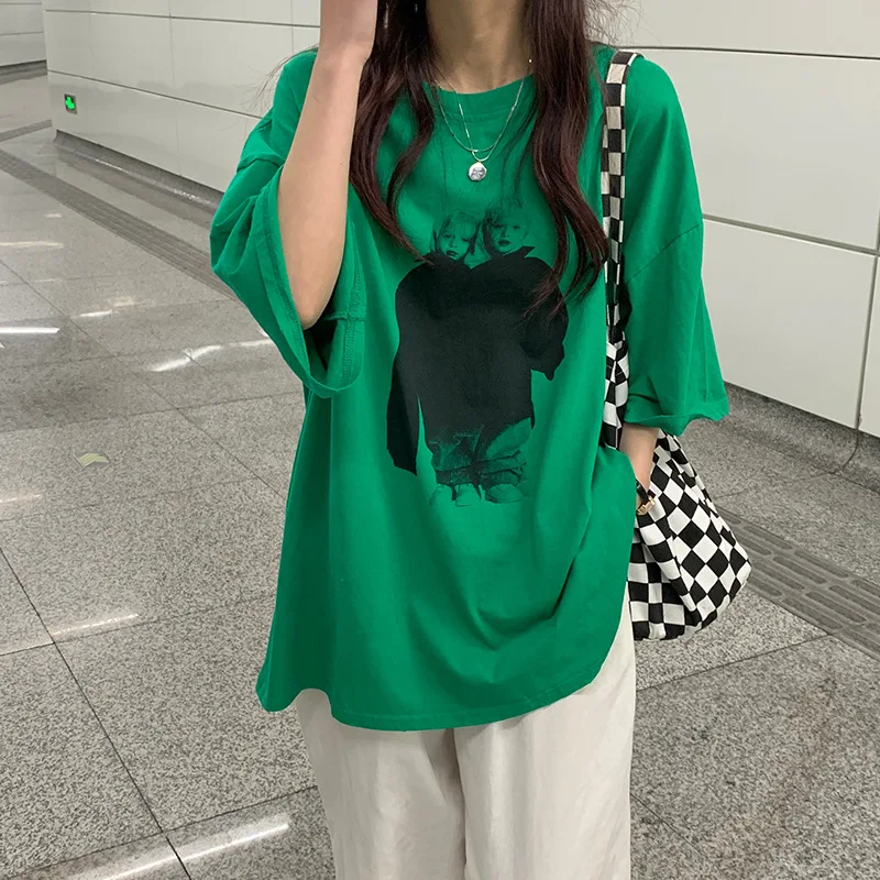 

CGC Korean Fashion Summer 100% Cotton Top Women 2022 Oversized T-shirt Aesthetic Printing Short Sleeve Tees Top Female T-Shirts