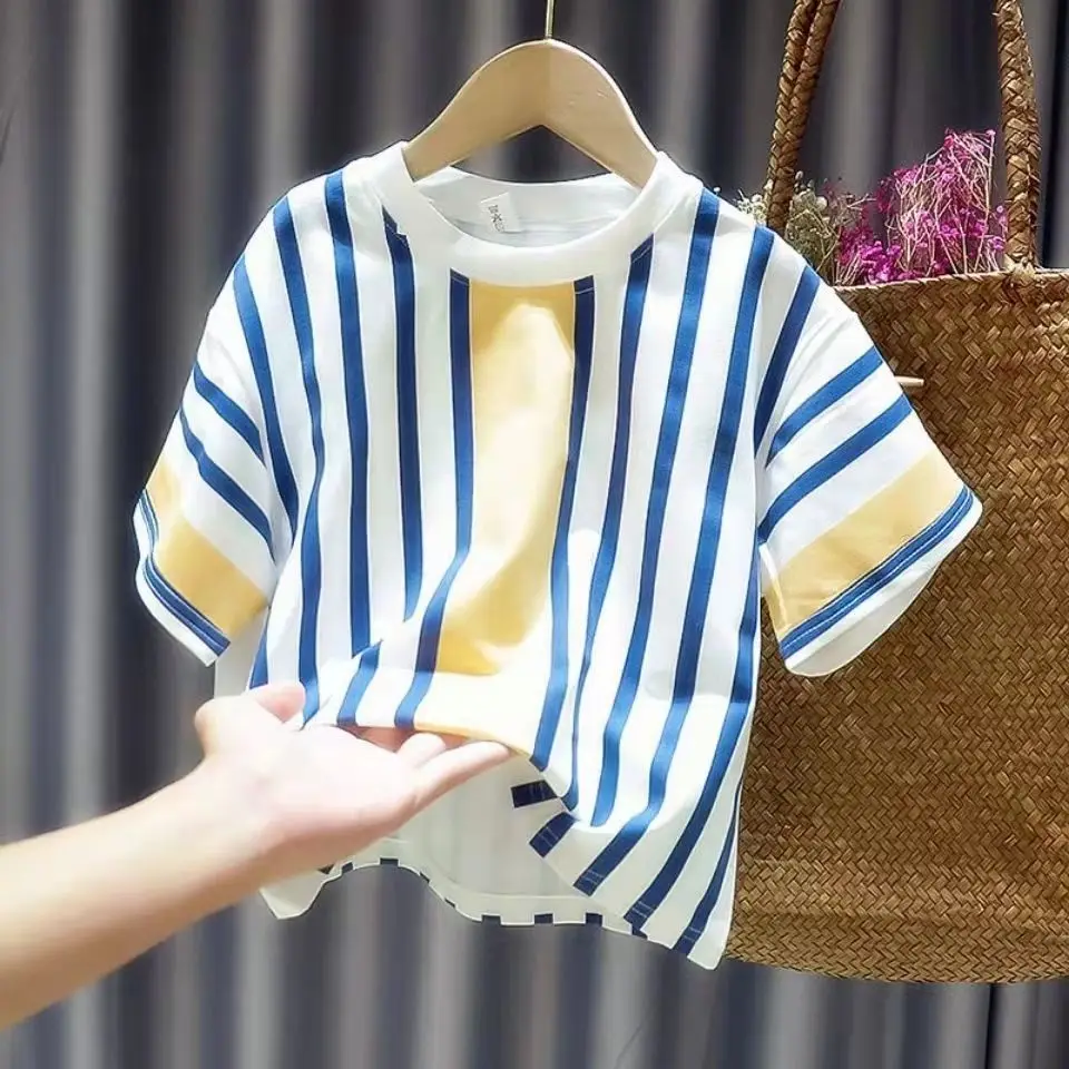 

Boy Short-sleeved T-shirt Summer 2022 New Child Cotton Striped Half Sleeve Shirt Baby Handsome Clothes