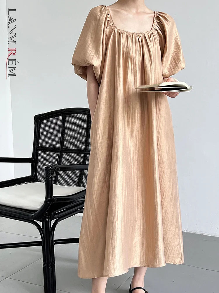 

LANMREM повседневное однотонное платье для женщин с квадратным воротником, пышные платья трапециевидной формы с короткими рукавами, модная летняя одежда 2023, 2AA1517