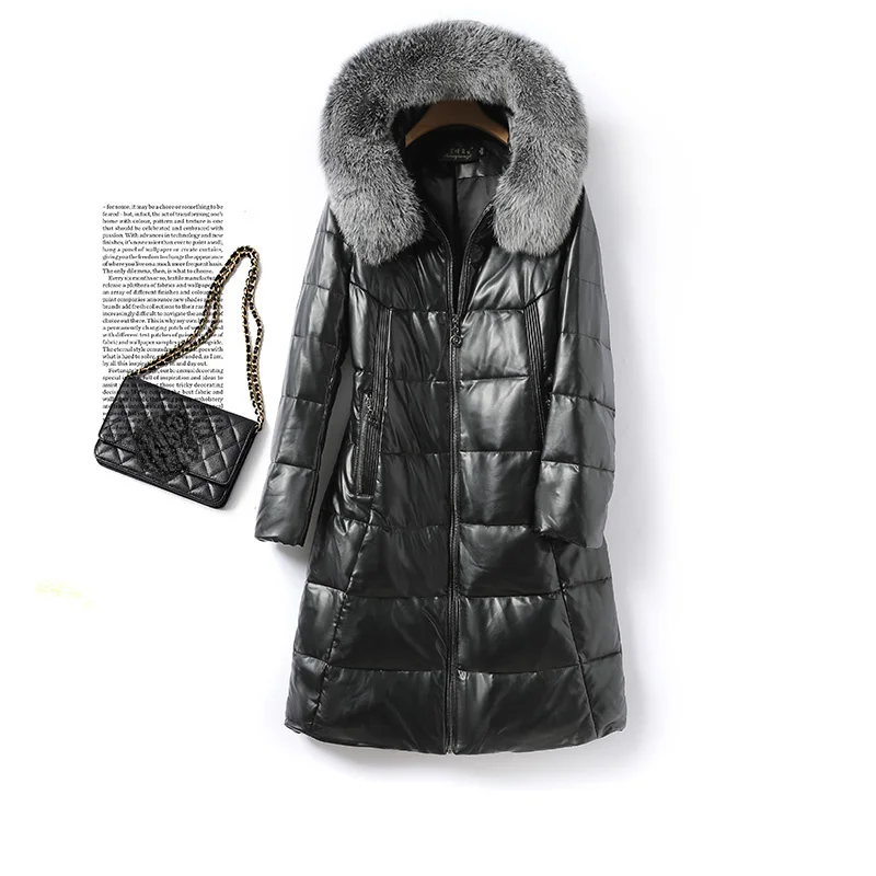 

2023Leather jacket,Winter Duck Down Coat Women 100% Real Sheepskin Leather Jackets Hooded Warm Fox Fur Collar Coats Mid-length P