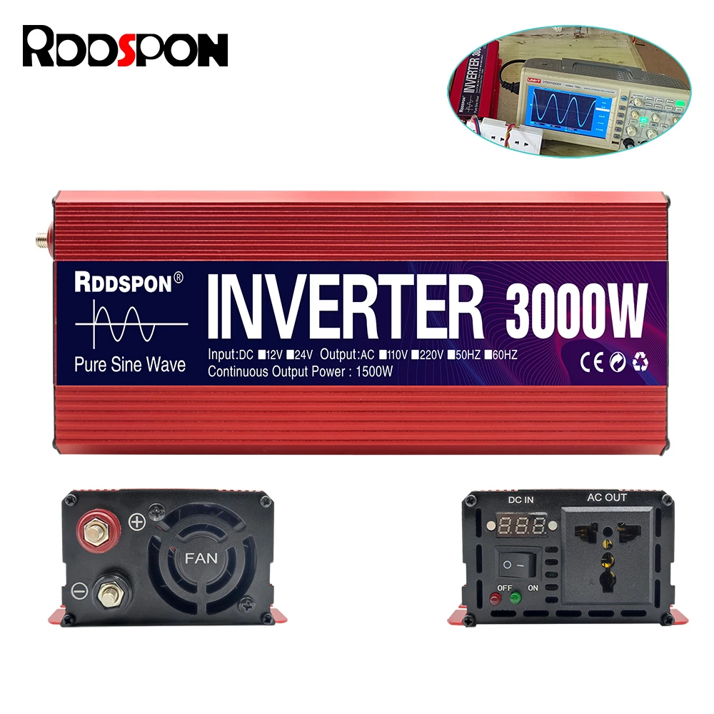

RDDSPON Pure Sine Wave Inverter 12V 24V DC 1000W 1600W 2200W 3000W AC 110V 220V Power Inverter Home Car Converter Solar Energy