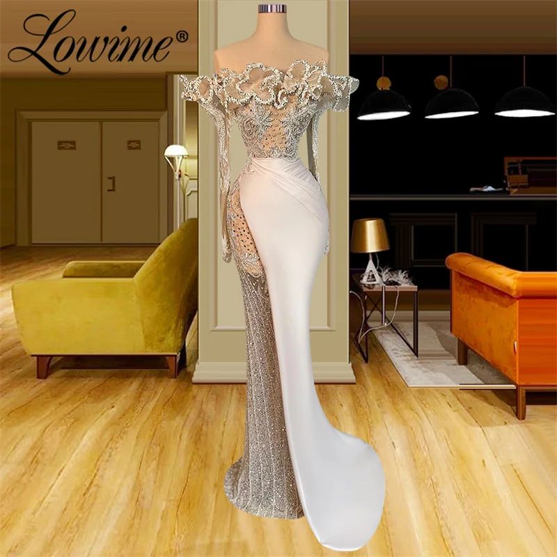 

Lowime 2023 Newest Boat Neck Pink Party Dresses Mermaid Long Sleeve With Crystals Beaded Evening Gowns For Women Celebrity Dress