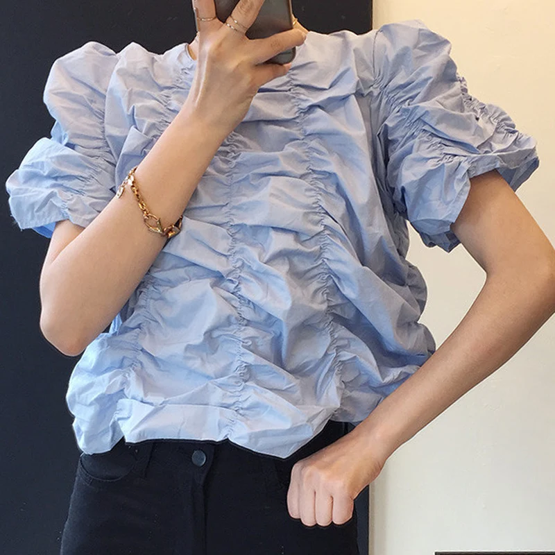 

SuperAen 2022 Summer Solid Simple O Neck Pleated Puff Sleeve Loose Shirt Blouse Womens Tops