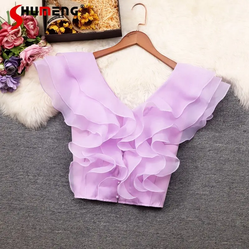 

2023 Summer Lady Western Style Wave Sense 3D Ruffled Short Chiffon Shirt V-neck Slimming Women's Sleeveless Top Camisas