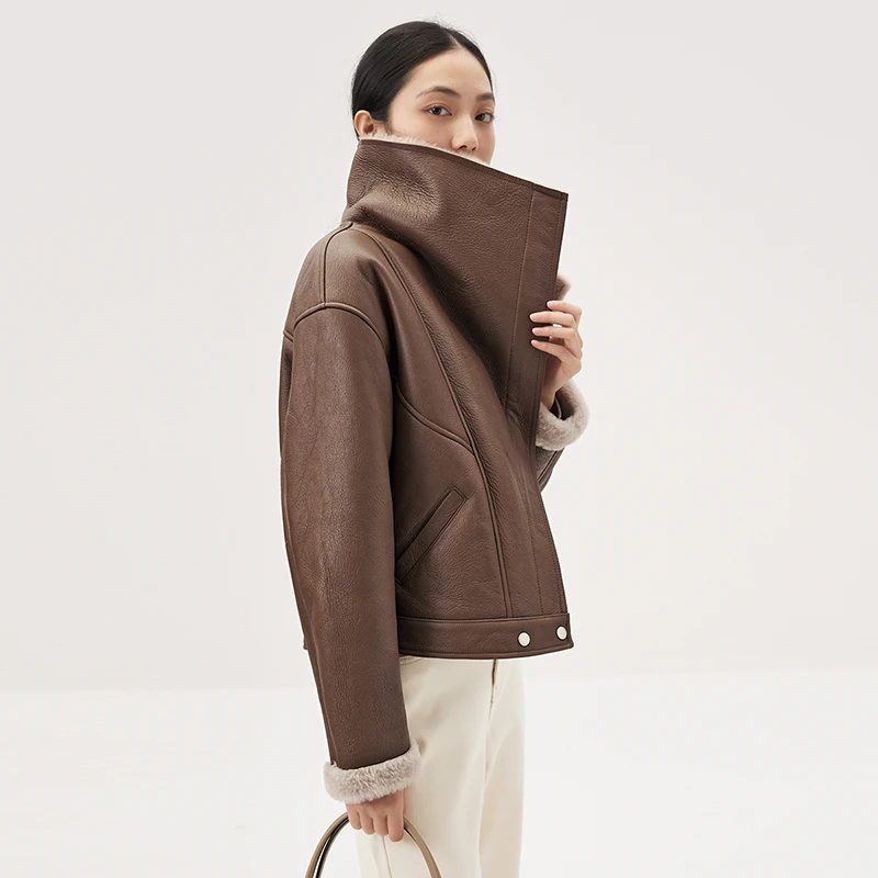 New Shearling Genuine Leather Jacket Zipper Casaco Feminino  High Street  Autumn/Winter Warm Turn-down Collar  Leather Jacket