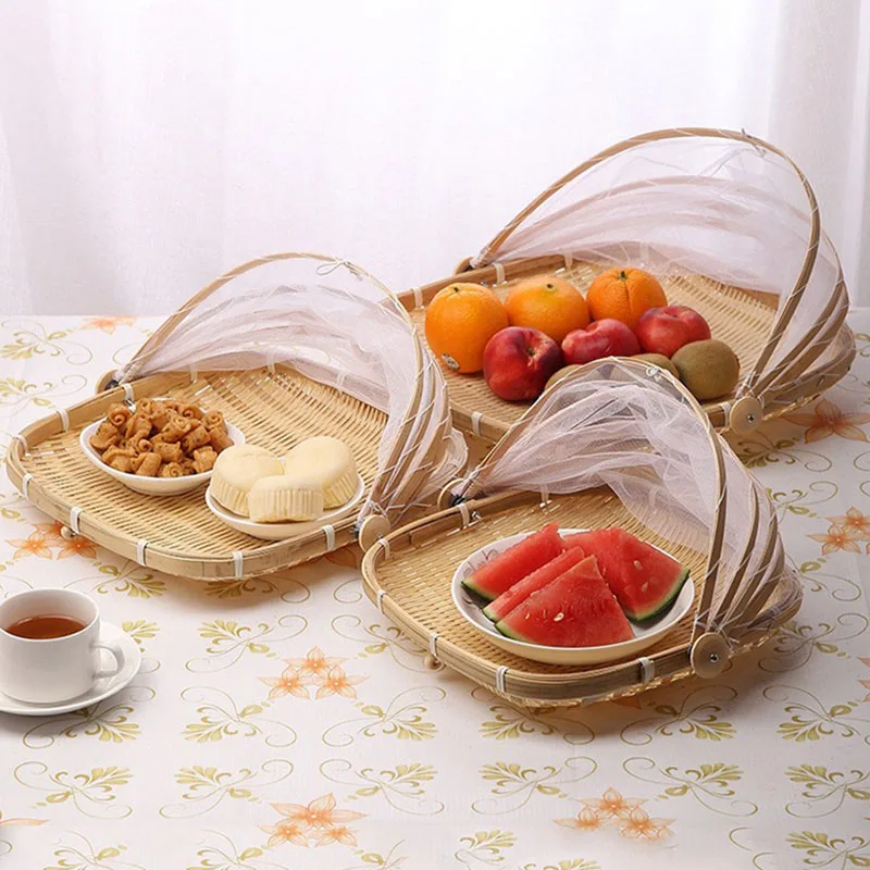 

Handmade Bamboo Woven Bug Proof Wicker Basket Dustproof Picnic Fruit Vegetable Tray Food Bread Dishes Cover Gauze Storage Basket