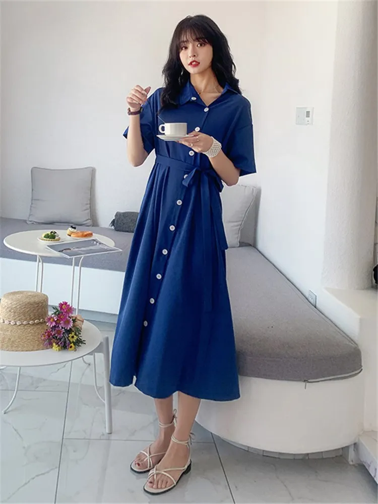 

Back Lace-up Solid Color Short Sleeve Shirt Dress for Women 2022 Summer Elegant Fashion Loose Korean Casual Long Dresses C32