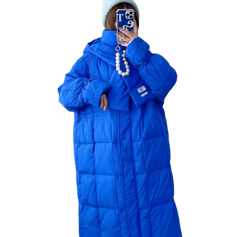 

Blue Down Jacket Women's Winter New Hooded Scarf Thickened White Duck Down Jacket Long Sleeve Solid Color Casual Clothes H309