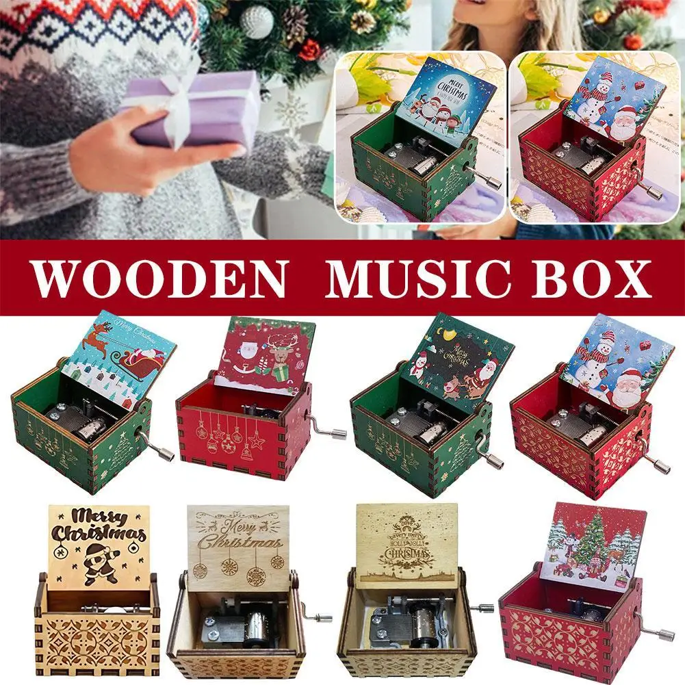 

New Wooden Hand Crank Music Box Merry Christmas Music Theme Jurassic Park Music Box TO MY Wife Halloween Christmas Birthday Gift