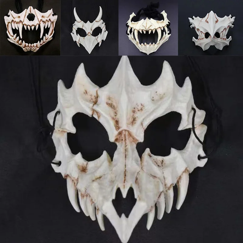 

Party Mask Long Teeth Demon Samurai White Bone Mask Wolf Dragon Tiger Houjuu Nue Mask Cosplay Halloween Props Accessor Dropship