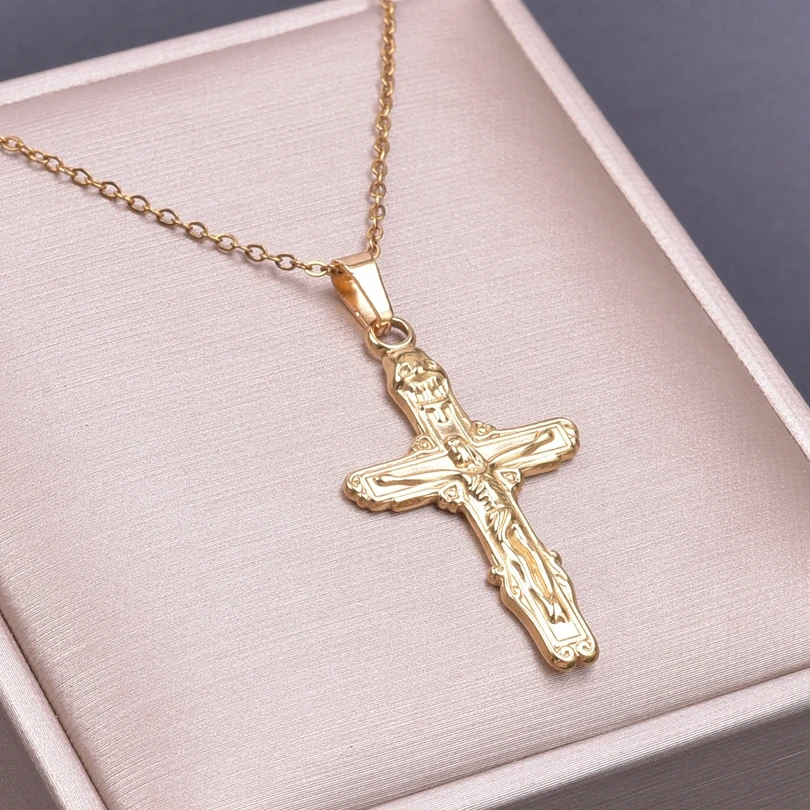 

Religious Belief Gold Color Cross Pendant Chain Necklace For Women Men Accessories Crucified Jesus Christ Stainless Steel Choker