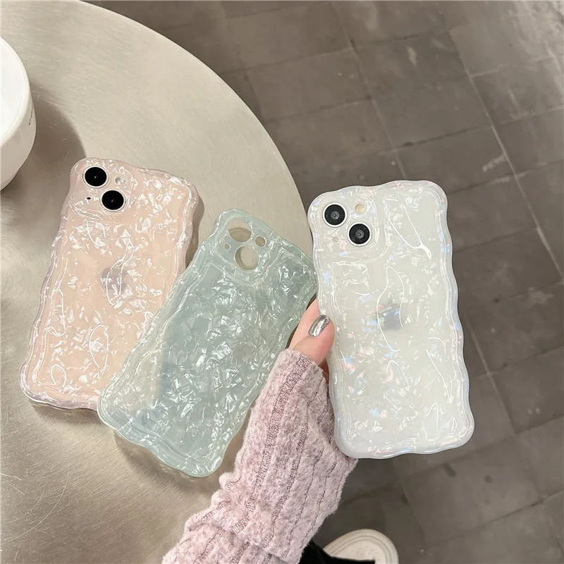 

Luxury Conch Shell Case for iPhone 14 Pro Max 13 11 Laser Transparent Wave Bumper Puffer Glitter Glacier Cover for iPhone 12 Pro