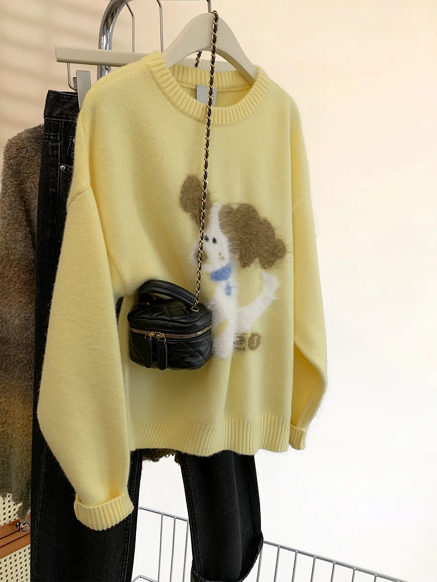 Yellow Puppy Raccoon Velvet round Neck Pullover Sweater Women Autumn and Winter 2024 New Idle Sle Loose Thickened Knit