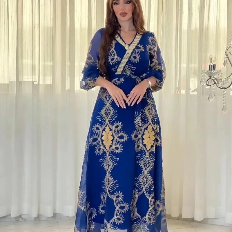 

Dubai Fashion Floral Embroidery Beading V-Neck Ethnic Clothing Jalabiyat Eid Al-Adha Moroccan Gulf Women Belted Robe