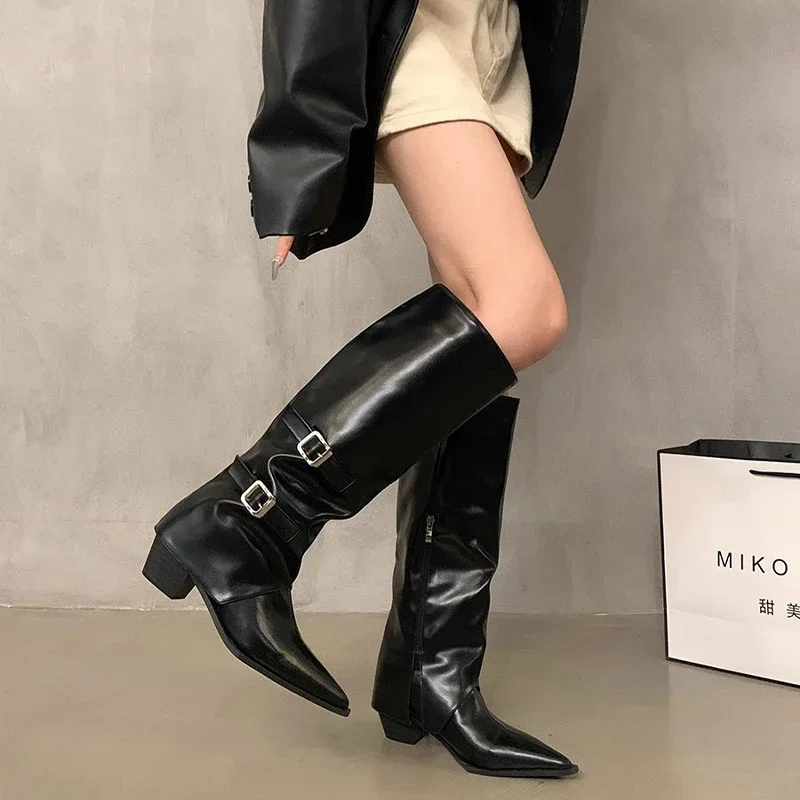 Женские ботинки челси с острым носком сапоги до колена на среднем каблуке зимняя