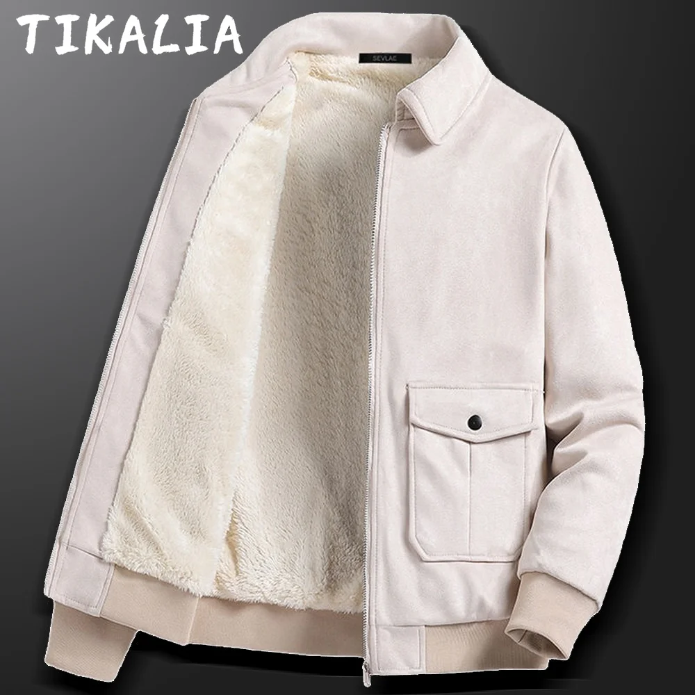 

Модная замшевая куртка в Корейском стиле, Мужская теплая Повседневная Уличная одежда на флисовой подкладке, Осень-зима, размера плюс Coat