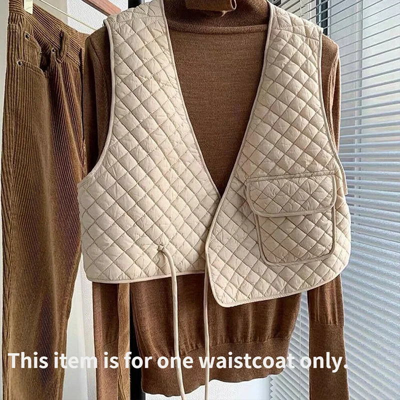 Women Winter Quilted Padded Waistcoat Pocket Rhombus  Sleeveless Jacket Korean Style Waistcoat Plaid Vest
