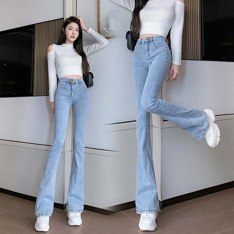 New Korean Fashion High Waisted Jeans Woman Casual Streetwear Lim-Fit Denim Trousers Female Girls Vintage Bell-bottoms 2