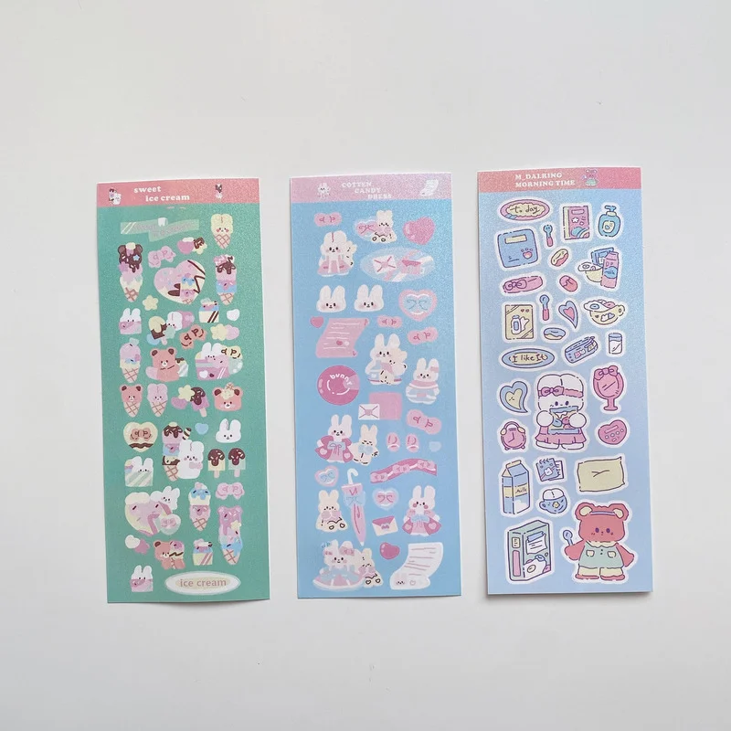 

1 Sheet Cartoon Cute Rabbit Bear Sticker Laser Flash Waterproof PVC Decorative Journal Gooka Korean Stationery Chasing Stars