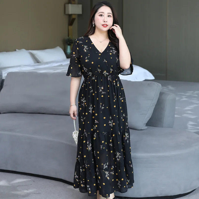 

150kg Extra Large Size 8XL Women's Fat Super Big Size Long Dress Summer French Vintage Mid length Fragmented Flower Dress