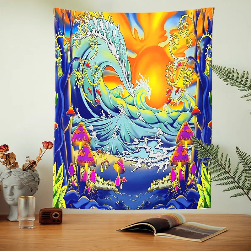 

Trippy Mushroom Tapestry Psychedelic Ocean Hippie Wave Tapestry Art Fantasy Wave Sunset Background for Living Room Bedroom Dorm